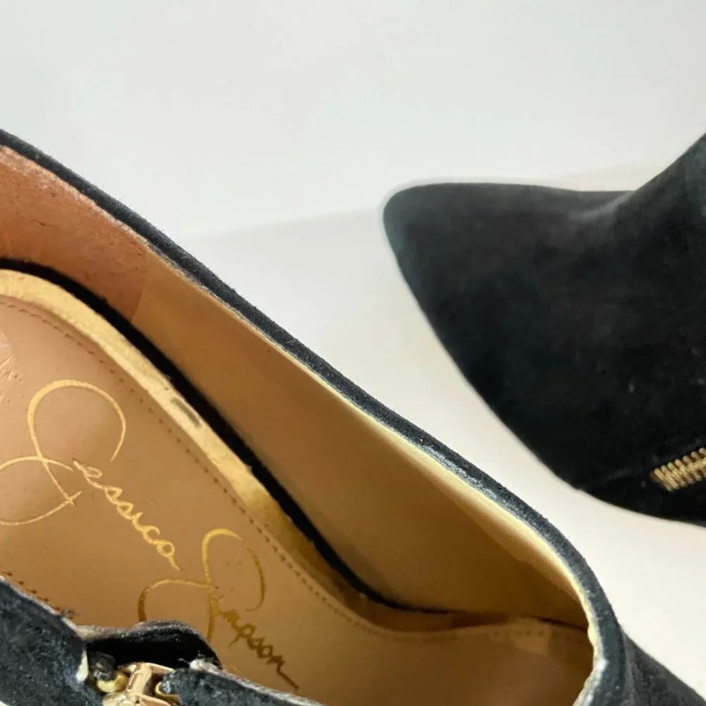 Minimalist | Jessica Simpson Suede Wedge Bootie | Black Gold Zipper Detail | 6.5